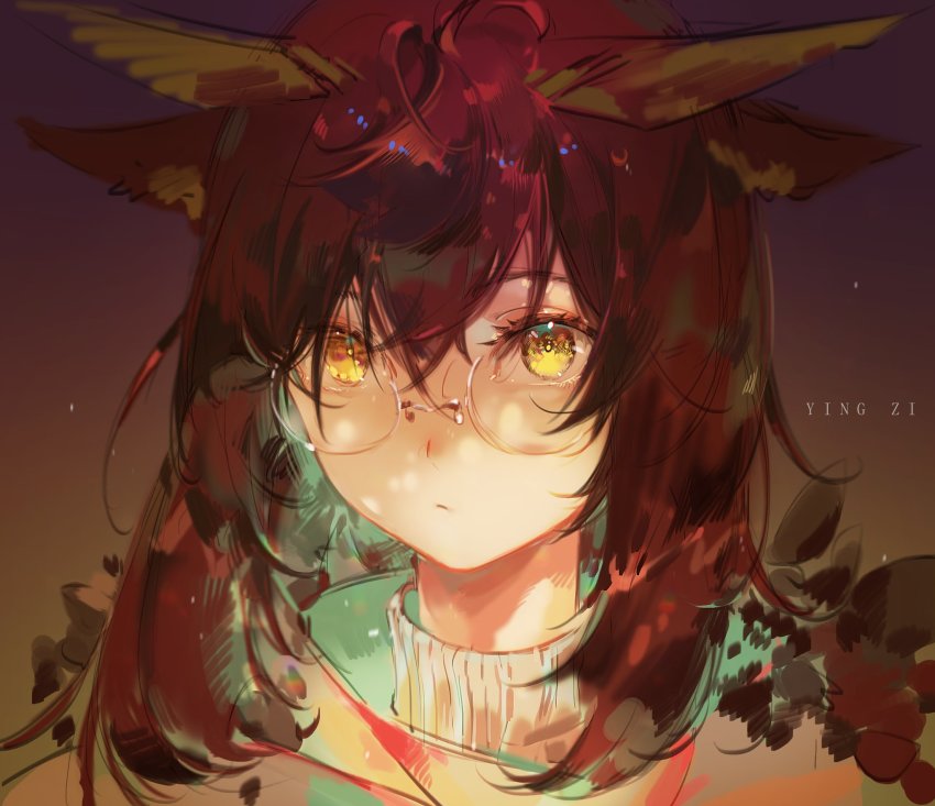 1girl arknights artist_name brown_hair closed_mouth feather_hair glasses gradient_background hair_between_eyes highres medium_hair portrait round_eyewear silence_(arknights) solo turtleneck yellow_eyes yingzi