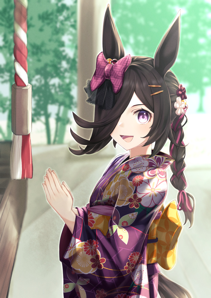 1girl :d absurdres alternate_costume alternate_hairstyle animal_ears asymmetrical_bangs back_bow bow box braid braided_ponytail brown_hair commentary_request cowboy_shot donation_box ear_bow floral_print floral_print_kimono flower from_side furisode hair_bow hair_flower hair_ornament hair_over_one_eye hairclip hatsumoude highres horse_ears horse_girl horse_tail japanese_clothes kimono kouhaku_nawa long_bangs long_hair long_sidelocks looking_at_viewer new_year obi open_mouth outdoors own_hands_clasped own_hands_together print_kimono ribbon_braid rice_shower_(umamusume) rope sash shimenawa shrine sidelocks smile solo tail uji_(966qrr) umamusume yellow_sash