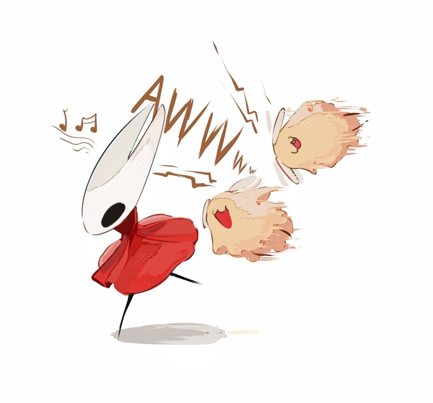 1girl :3 :d arthropod_girl cloak commentary english_commentary film_grain flea_(hollow_knight) full_body halftone highres hightguy hollow_eyes hollow_knight hollow_knight:_silksong horned_mask hornet_(hollow_knight) looking_ahead mask musical_note no_mouth open_mouth red_cloak running shadow simple_background smile white_background white_mask