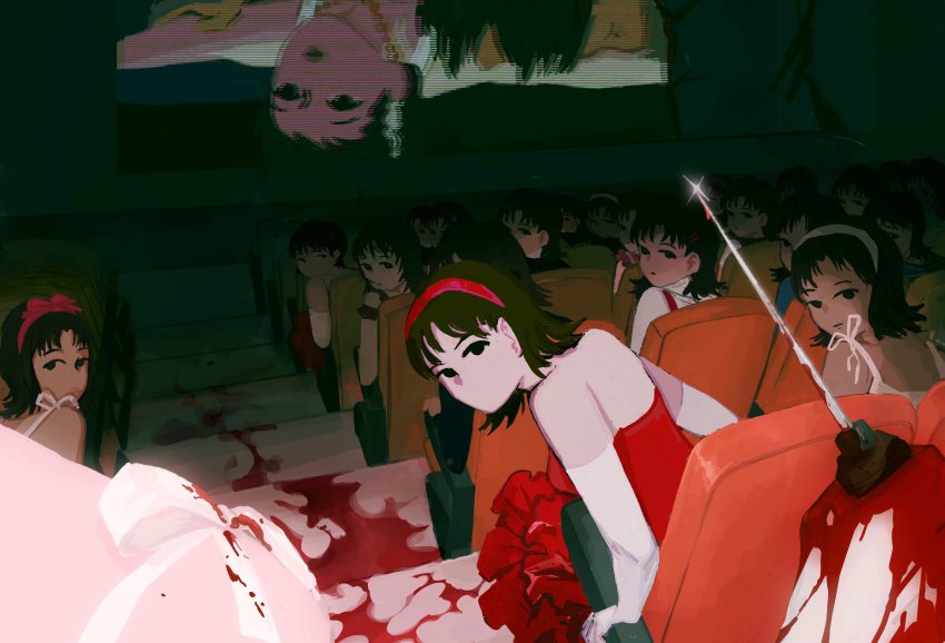 6+girls absurdres black_hair blood blood_on_ground commentary congming33 dual_persona elbow_gloves gloves highres ice_pick kirigoe_mima looking_at_viewer looking_back movie_theater multiple_girls perfect_blue pov short_hair