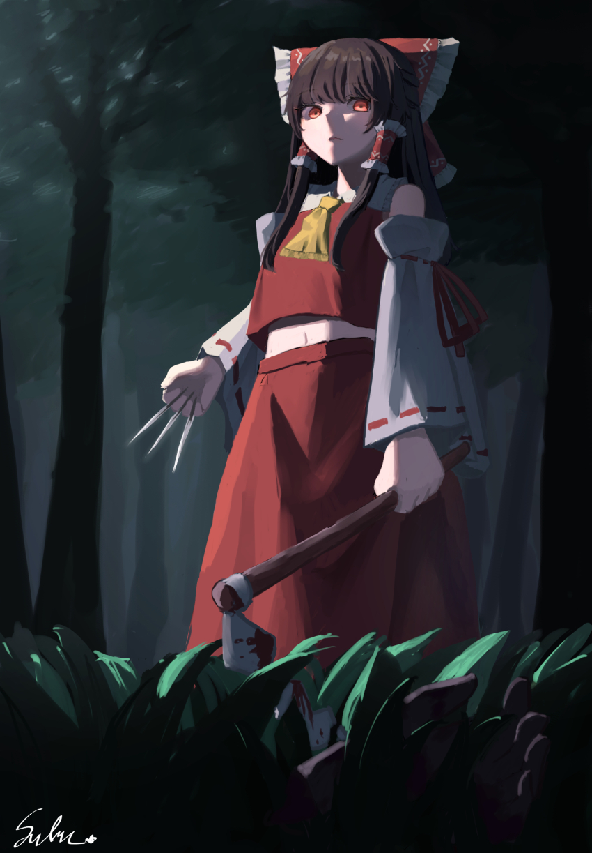 1girl ascot blood bloody_weapon bow brown_hair commentary_request detached_sleeves frilled_bow frilled_hair_tubes frills gohei hair_bow hair_tubes hakurei_reimu highres holding holding_gohei holding_needle long_hair looking_at_viewer marisuku needle outdoors red_bow red_eyes red_skirt ribbon-trimmed_sleeves ribbon_trim signature skirt skirt_set solo throwing_needles touhou weapon yellow_ascot