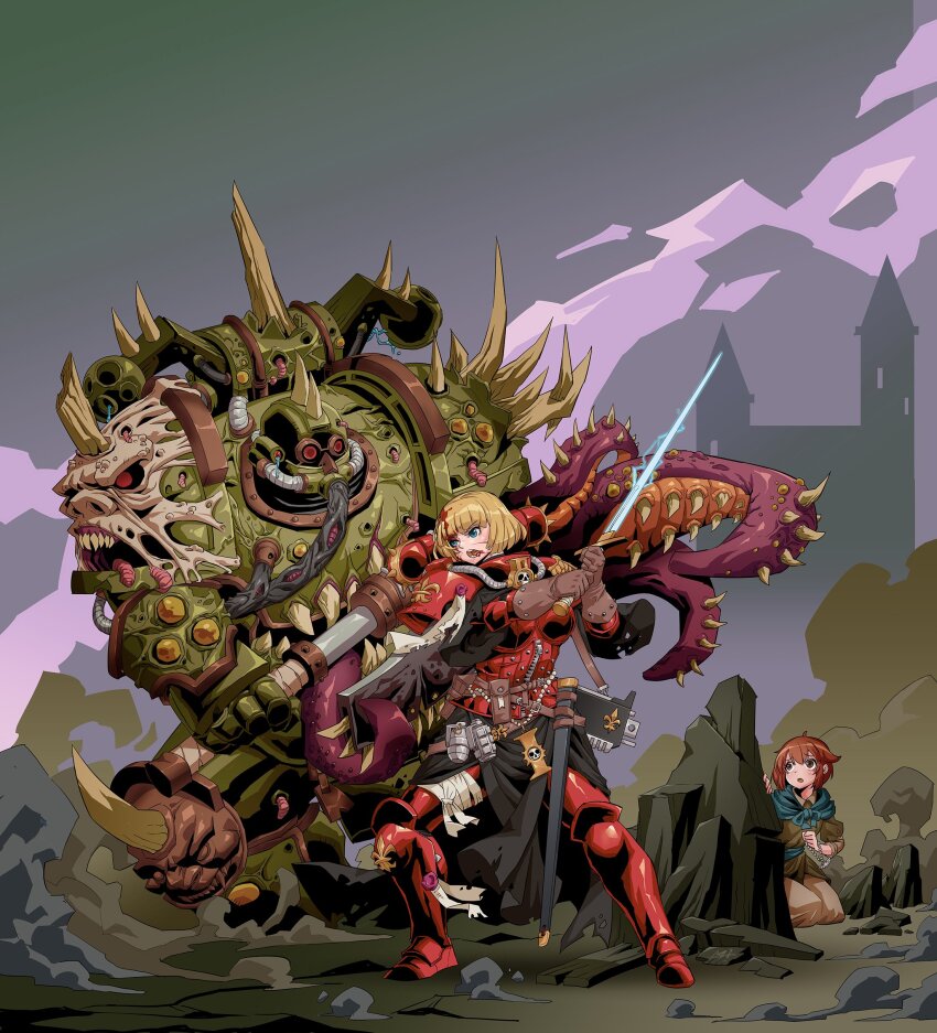 1boy 2girls absurdres adepta_sororitas adeptus_astartes armor blonde_hair blue_eyes bob_cut bolter chaos_(warhammer) chaos_space_marine demon_horns explosive grenade highres horns multiple_girls nurgle power_armor purity_seal red_hair rmulderz rosary scar scar_on_face short_hair sword warhammer_40k weapon worm
