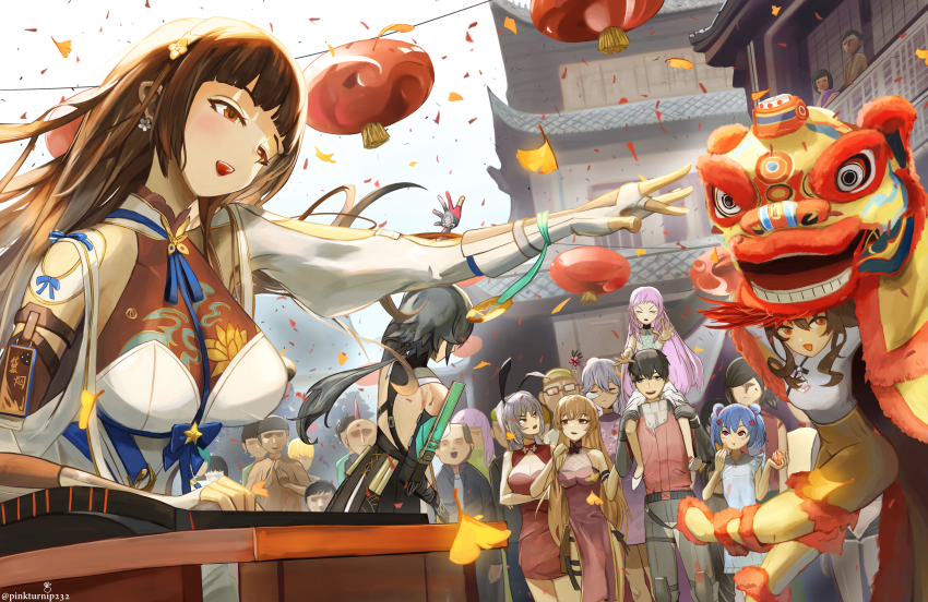 6+boys 6+girls absurdres animal_ears architecture black_hair blue_hair brown_hair carrying china_dress chinese_clothes chinese_new_year colphne_(girls&#039;_frontline_2) commander_(girls&#039;_frontline) confetti crowd daiyan_(girls&#039;_frontline_2) dress east_asian_architecture eating girls&#039;_frontline girls&#039;_frontline_2:_exilium grey_hair helena_(girls&#039;_frontline_2) highres instrument jiangyu_(girls&#039;_frontline_2) krolik_(girls&#039;_frontline_2) lantern lion_dance multiple_boys multiple_girls music nemesis_(girls&#039;_frontline_2) paper_lantern pink_hair pinkturnip232 playing_instrument rabbit_ears red_eyes shoulder_carry type_95_(girls&#039;_frontline) type_97_(girls&#039;_frontline) ump9_(girls&#039;_frontline) waving zhaohui_(girls&#039;_frontline_2) zither