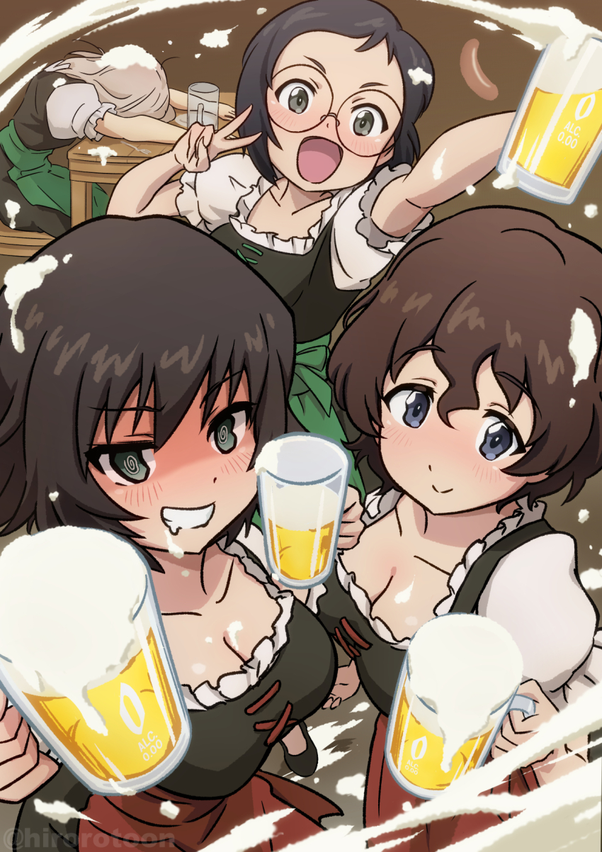 4girls @_@ akaboshi_koume alcohol apron arm_up beer beer_mug black_dress black_eyes black_hair blue_eyes brown_hair closed_mouth commentary cup dirndl dress drunk ehirorotoon german_clothes girls_und_panzer green_apron grey_hair hida_ema highres holding holding_cup itsumi_erika katsuya_megu leaning_forward medium_hair mug multiple_girls open_mouth puffy_short_sleeves puffy_sleeves red_apron rimless_eyewear round_eyewear saliva short_hair short_sleeves sitting smile table twitter_username v waist_apron