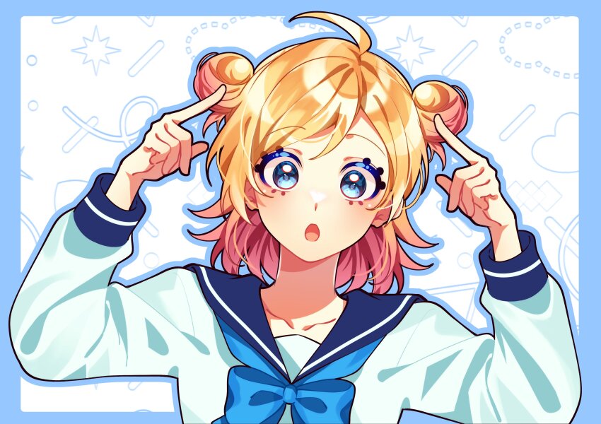 1girl absurdres ahoge aiceclass blonde_hair blue_bow blue_eyes blue_sailor_collar bow double_bun gradient_hair hair_bun hanon_(aiceclass) highres long_hair long_sleeves multicolored_hair pink_hair sailor_collar school_uniform serafuku solo sophia_pie_12 swept_bangs thick_eyelashes virtual_youtuber