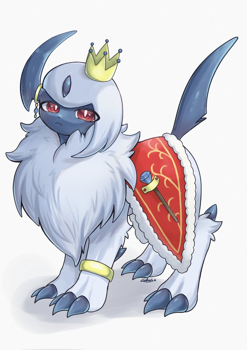 absol animal_focus anklet bright_pupils claws closed_mouth clothed_pokemon coat commentary crown english_commentary forehead_jewel fur-trimmed_coat fur_trim gen_3_pokemon highres horns jewelry nintendo no_humans pokemon pokemon_(creature) red_coat red_eyes simple_background single_horn soruva_359 tail wand white_background white_fur white_pupils