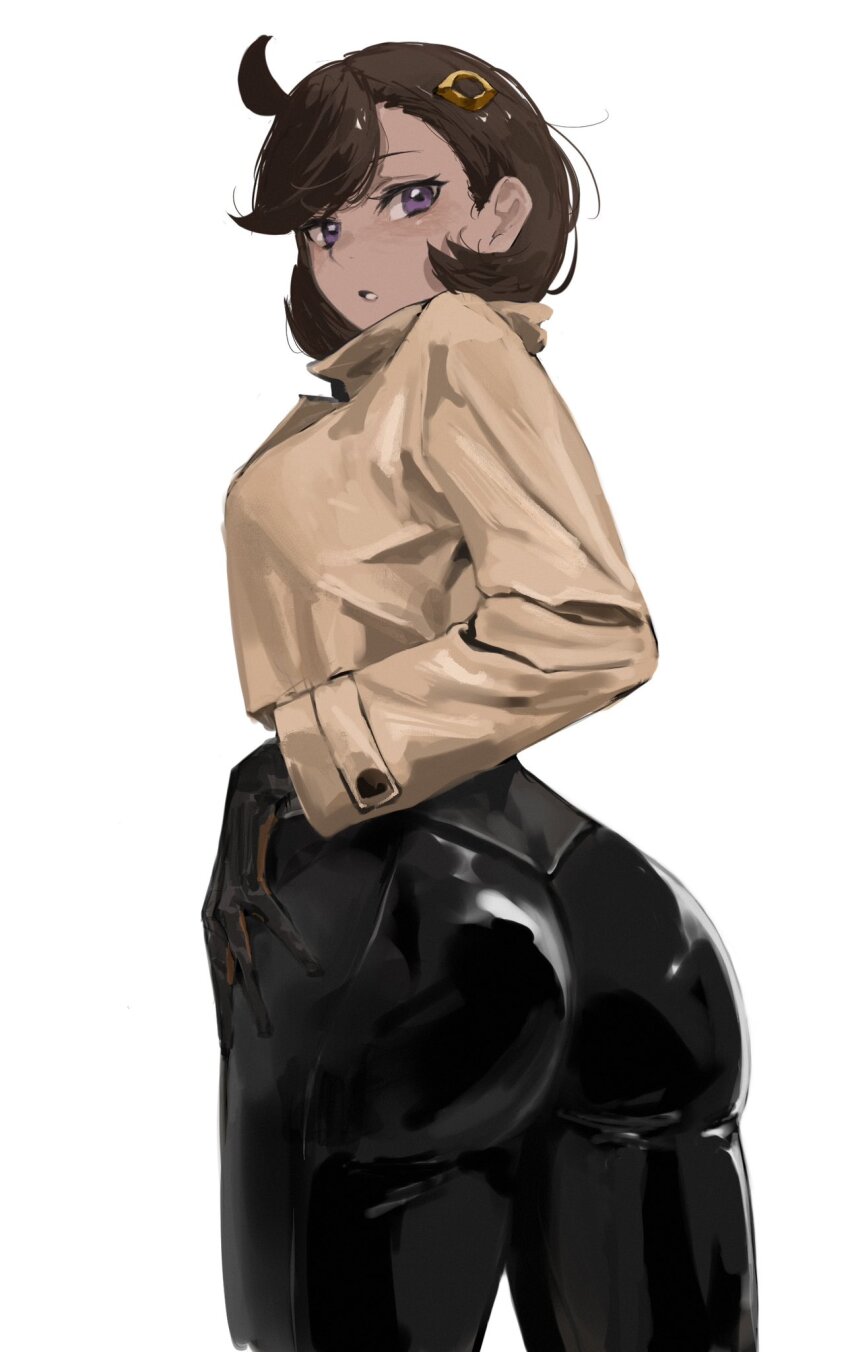 1girl ass black_bodysuit black_hair bodysuit bodysuit_under_clothes brown_jacket curvy dark-skinned_female dark_skin emma_(pokemon) hair_ornament highres huge_ass jacket looking_at_viewer looking_back nintendo open_mouth pokemon pokemon_legends:_z-a purple_eyes raberu_ruru short_hair simple_background solo white_background wide_hips