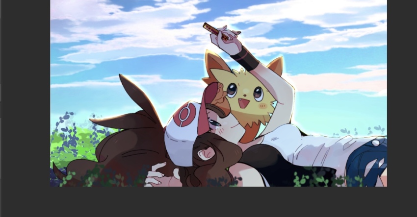 1girl baseball_cap black_vest brown_hair closed_mouth cloud commentary_request day denim denim_shorts from_side gen_5_pokemon grass hat high_ponytail hilda_(pokemon) holding lillipup lying misha_(ohds101) nintendo on_back outdoors pokemon pokemon_(creature) pokemon_bw ponytail shirt shorts sidelocks sky sleeveless sleeveless_shirt smile vest white_shirt wristband