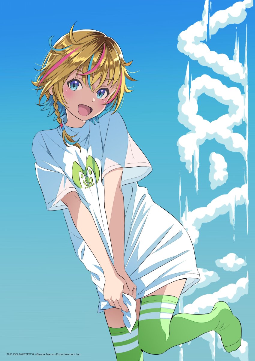 1girl absurdres blonde_hair colored_inner_hair green_thighhighs highres idolmaster idolmaster_va-liv letora_(idolmaster) multicolored_hair no_pants official_art roots_(hair) short_hair smile thighhighs