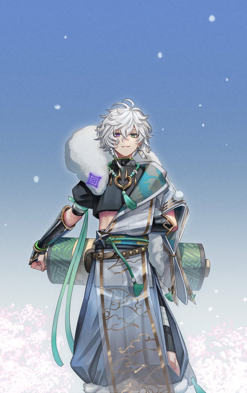 1boy absurdres antenna_hair aragi_suisei arm_behind_back armor bandaged_leg bandages bead_necklace beads belt belt_pouch black_shirt blue_pants blue_sky braid brown_belt closed_mouth cloud_print crop_top crossed_bangs day earrings green_eyes green_ribbon hair_between_eyes hakama hakama_pants hanafuda_earrings hashtag-only_commentary heterochromia highres japanese_armor japanese_clothes jewelry kariginu kote kurokote looking_at_viewer magatama magatama_necklace male_focus murakumo_kagetsu murakumo_kagetsu_(1st_costume) necklace nijisanji outdoors pants pelvic_curtain petals pom_pom_(clothes) pouch purple_eyes ribbon rope sayagata scroll see-through_clothes see-through_pelvic_curtain shirt short_hair short_sleeves side_braid single_braid sky smile smirk solo standing tassel virtual_youtuber white_hair wide_sleeves xiangyun