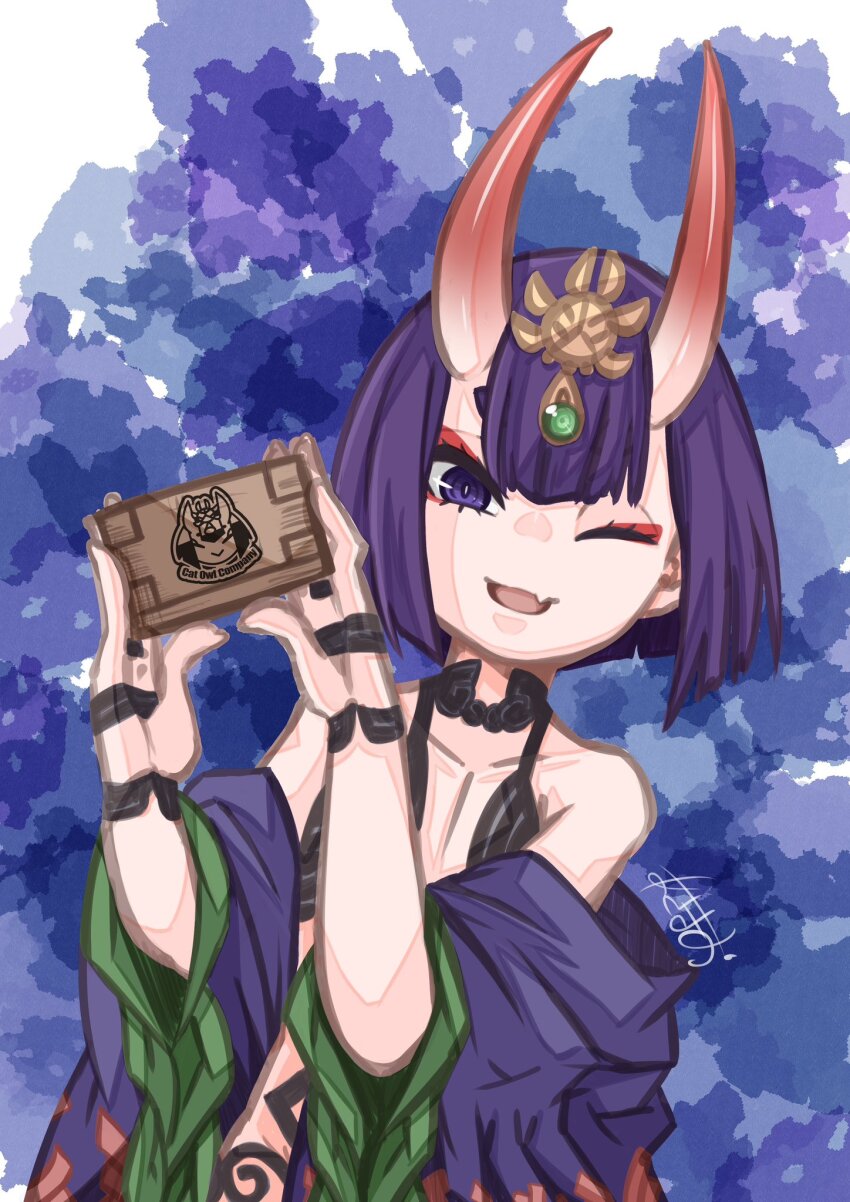 1girl asagirimao bare_shoulders breasts eyeliner fate/grand_order fate_(series) headpiece highres horns japanese_clothes kimono long_sleeves looking_at_viewer makeup off_shoulder one_eye_closed oni open_mouth purple_eyes purple_hair purple_kimono revealing_clothes short_hair shuten_douji_(fate) skin-covered_horns small_breasts smile solo wide_sleeves