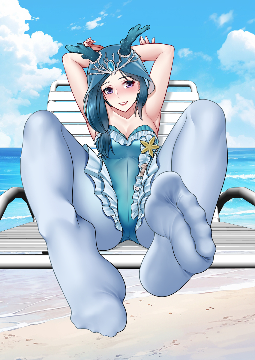absurdres armpits arms_behind_head beach beach_chair blue_eyes blue_hair blue_pantyhose blush breasts chair cloud cloudy_sky day feet fiona_gilman foot_focus frilled_one-piece_swimsuit frills greek_toe highres hood horned_hood horns identity_v lipstick long_hair makeup no_shoes ocean oirin one-piece_swimsuit pantyhose pantyhose_under_swimsuit sky smile soles swimsuit thighs toes