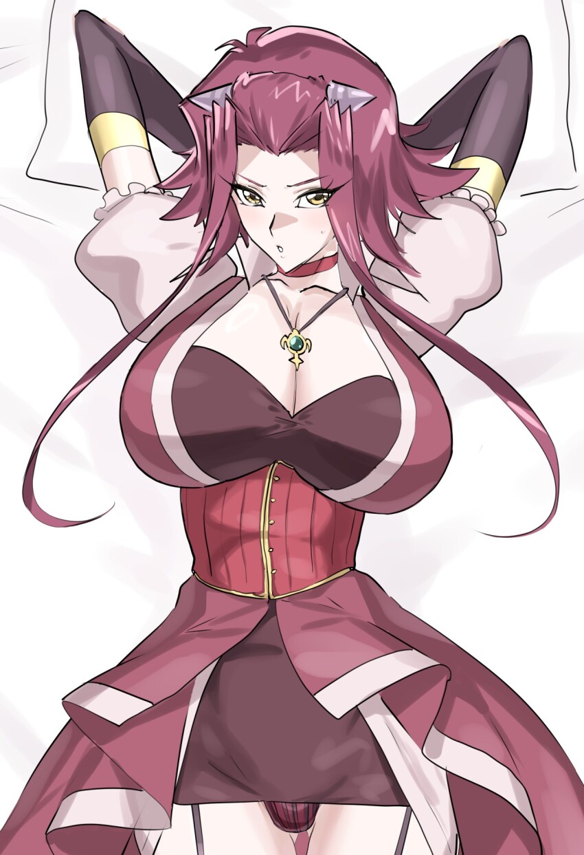 1girl arms_up breasts cleavage dress garter_straps highres izayoi_aki large_breasts lying medium_hair mogi_yasunobu on_back on_bed panties red_dress red_hair solo underwear yellow_eyes yu-gi-oh! yu-gi-oh!_5d&#039;s