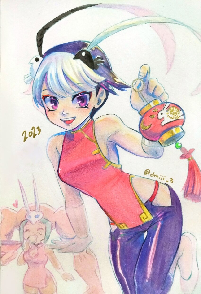 2023 2girls absurdres animal_print bird black_hair blush bowl cerebella_(skullgirls) chinese_clothes chinese_lantern chinese_new_year chinese_zodiac closed_eyes covering_own_mouth dmi_003 feather_hair_ornament feng_(skullgirls) hair_ornament hat heart highres holding lantern multicolored_hair multiple_girls open_mouth paper_lantern purple_eyes rabbit_print short_hair skullgirls smile thigh_gap traditional_media two-tone_hair vice-versa_(skullgirls) white_hair year_of_the_rabbit