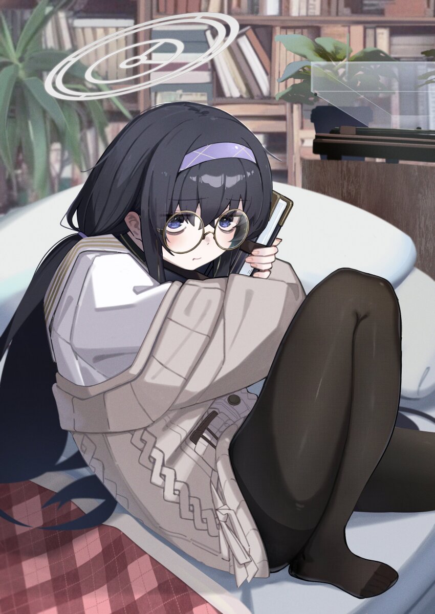 1girl absurdres black_hair black_pantyhose blue_archive blue_eyes blush book brown_cardigan cardigan closed_mouth glasses grey_halo hairband halo highres holding holding_book indoors kilabo long_hair looking_at_viewer no_shoes pantyhose purple_hairband round_eyewear sitting solo ui_(blue_archive)
