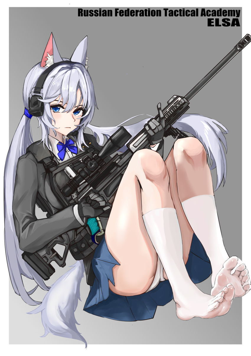 1girl absurdres animal_ears blue_eyes bolt_action feet grey_background grey_hair gun headset highres kneehighs long_hair looking_at_viewer low_twintails mirce_raven muzzle_device panties pantyshot rail_(weapon) rifle scope see-through_clothes see-through_legwear simple_background sniper_rifle socks soles tail toes twintails underwear weapon white_socks