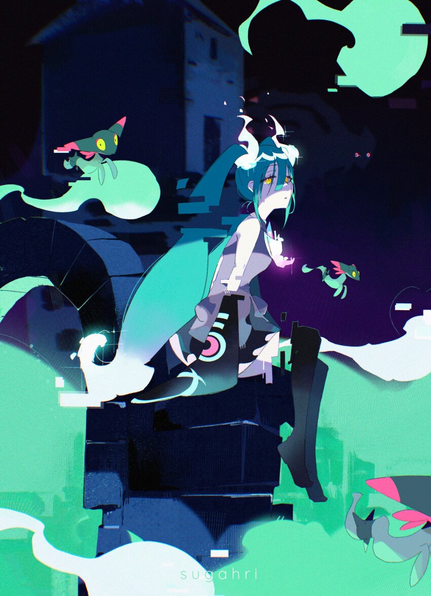 1girl absurdres aqua_hair bare_shoulders black_skirt black_sleeves black_thighhighs collared_shirt detached_arm detached_legs detached_sleeves dreepy gen_4_pokemon gen_8_pokemon ghost_miku_(project_voltage) giratina giratina_(origin) glitch grey_shirt hair_between_eyes hatsune_miku highres hitodama legendary_pokemon long_hair looking_at_viewer nintendo pale_skin pokemon print_sleeves project_voltage shirt skirt sleeveless sleeveless_shirt sleeves_past_fingers sleeves_past_wrists sugahri thighhighs twintails very_long_hair vocaloid wide_sleeves will-o&#039;-the-wisp_(mythology) yellow_eyes