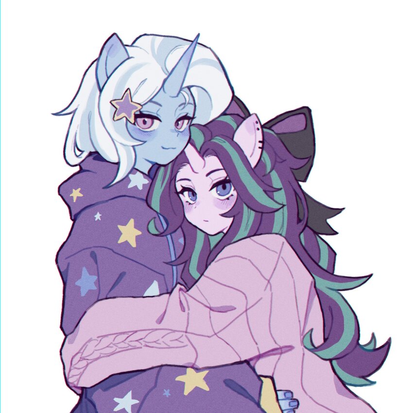 2girls :3 alternate_costume animal_ears aqua_hair blue_skin bow colored_skin commentary couple english_commentary hair_bow hair_ornament highres horns horse_ears horse_girl hug long_hair looking_at_viewer multicolored_hair multiple_girls my_little_pony my_little_pony:_equestria_girls my_little_pony:_friendship_is_magic purple_eyes purple_hair purple_skin selamoonix510 simple_background single_horn smug star_(symbol) star_hair_ornament starlight_glimmer starlight_glimmer_(equestria_girls) streaked_hair trixie_lulamoon trixie_lulamoon_(equestria_girls) unicorn_girl unicorn_horn very_long_hair white_background white_hair yuri