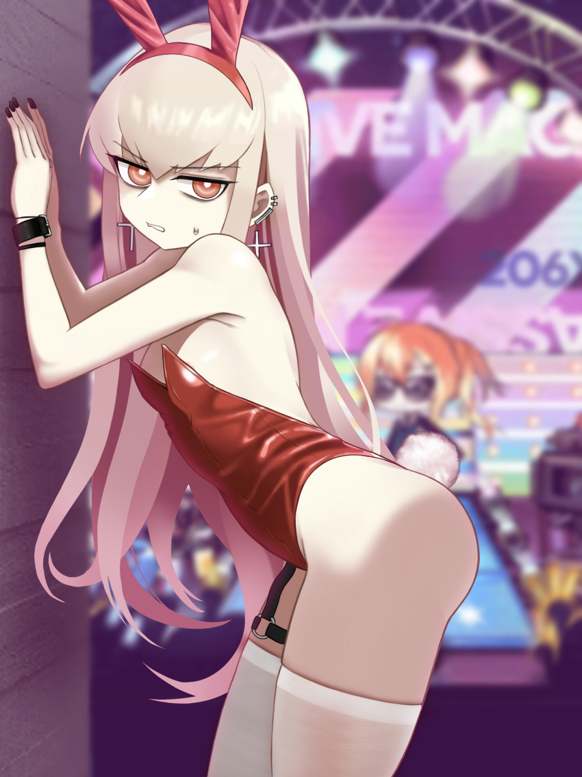 2girls absurdres against_wall animal_ear_hairband animal_ears areola_slip ass bags_under_eyes black_nails blonde_hair breasts clenched_teeth commentary cowboy_shot cross cross_earrings dance_floor ear_piercing earrings fake_animal_ears fake_tail fingernails from_side frown game_screenshot_background girls&#039;_frontline hairband hands_up highres jewelry kalina_(girls&#039;_frontline) leotard long_hair looking_at_viewer looking_to_the_side multiple_girls no_eyewear o_o_(ywsm2327) piercing playboy_bunny rabbit_ears rabbit_tail red_eyes red_leotard screenshot_background small_breasts solo_focus stage_lights sunglasses sweatdrop tail teeth thigh_strap thighhighs type_80_(girls&#039;_frontline) v-shaped_eyebrows variant_set very_long_hair white_thighhighs