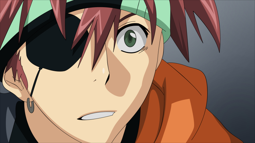 1boy absurdres d.gray-man earrings eyepatch green_eyes headband highres jewelry lavi male_focus morrow_(hitodama-x) red_hair solo