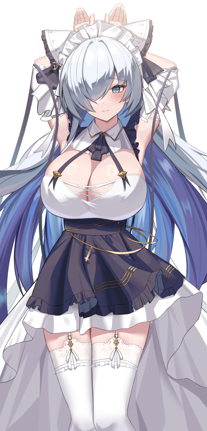 1girl absurdres alternate_costume armpits arms_up azur_lane blue_eyes blue_hair blush breasts brennus_(azur_lane) cheshire_(azur_lane) cheshire_(azur_lane)_(cosplay) cleavage closed_mouth colored_inner_hair commentary_request commission cosplay dress grey_hair hair_over_one_eye highres large_breasts layered_dress long_hair looking_at_viewer maid_headdress mixed-language_commentary multicolored_hair pixiv_commission rabbit_pose simple_background smile solo very_long_hair white_background white_headdress wynnblue