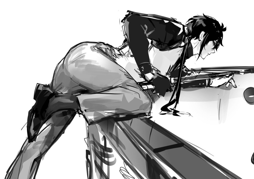 1boy alternate_costume ass ass_focus cue_stick genshin_impact greyscale hamtaru542899 leaning_forward monochrome mors_gn pool_table solo solo_focus table tartali.club white_background zhongli_(genshin_impact)