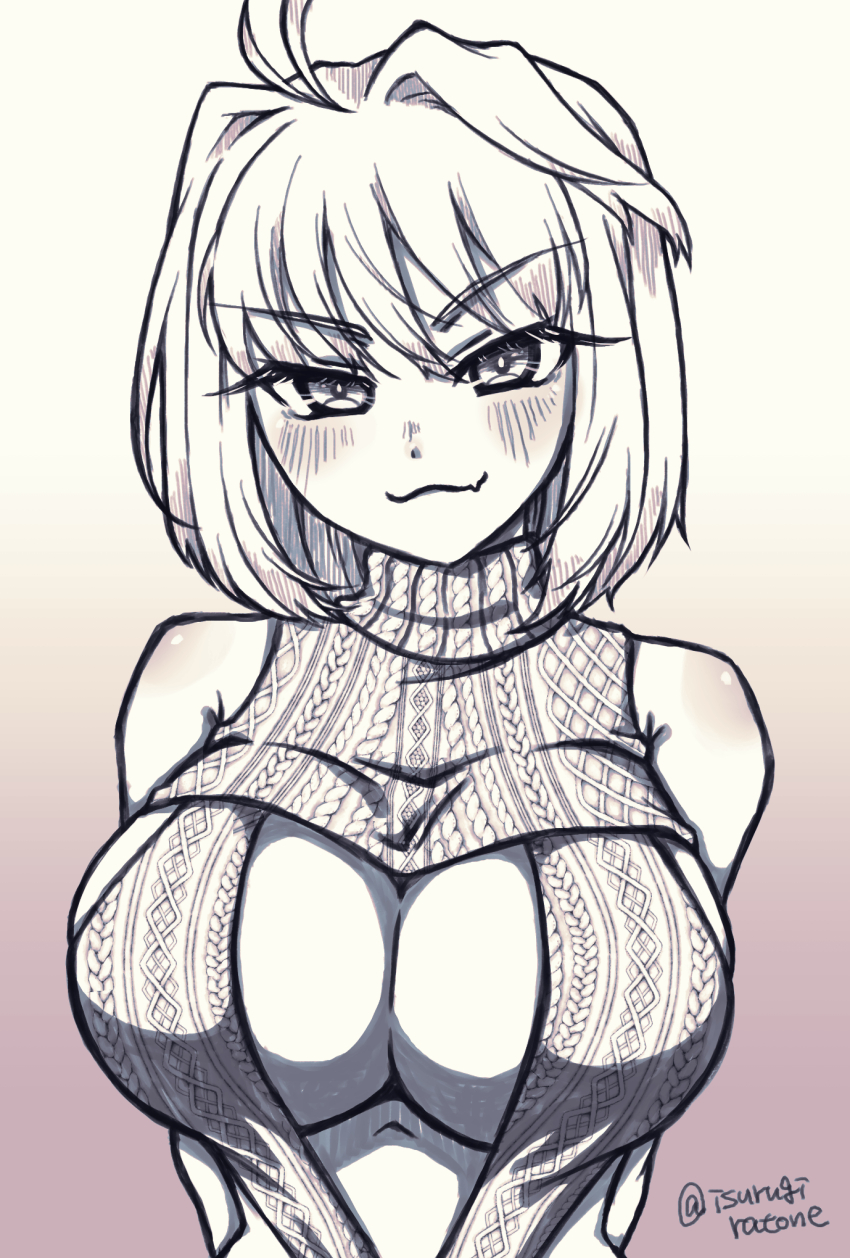 1girl arcueid_brunestud bare_shoulders blush breasts cleavage cleavage_cutout clothing_cutout fang greyscale highres isurugiratone melty_blood meme_attire monochrome seductive_gaze seductive_smile skin_fang smile tsukihime upper_body virgin_killer_sweater