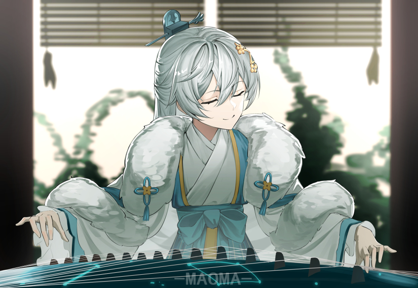 1girl 9_vcat artist_name chinese_clothes closed_eyes closed_mouth guzheng hair_ornament highres honkai_(series) honkai_impact_3rd instrument long_hair long_sleeves music playing_instrument sky smile solo theresa_apocalypse zhuge_kongming_(honkai_impact) upper_body white_sky window zhuge_kongming_(honkai_impact)