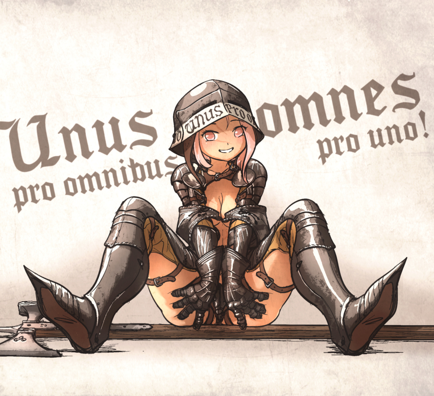1girl armor armored_boots ass blonde_hair boots breasts chausses cleavage ebenholz_(ironlily) full_body gauntlets gradient_background grin helmet highres ironlily latin_text medium_breasts medium_hair original shoulder_plates sitting smile solo spread_legs teeth translation_request weapon