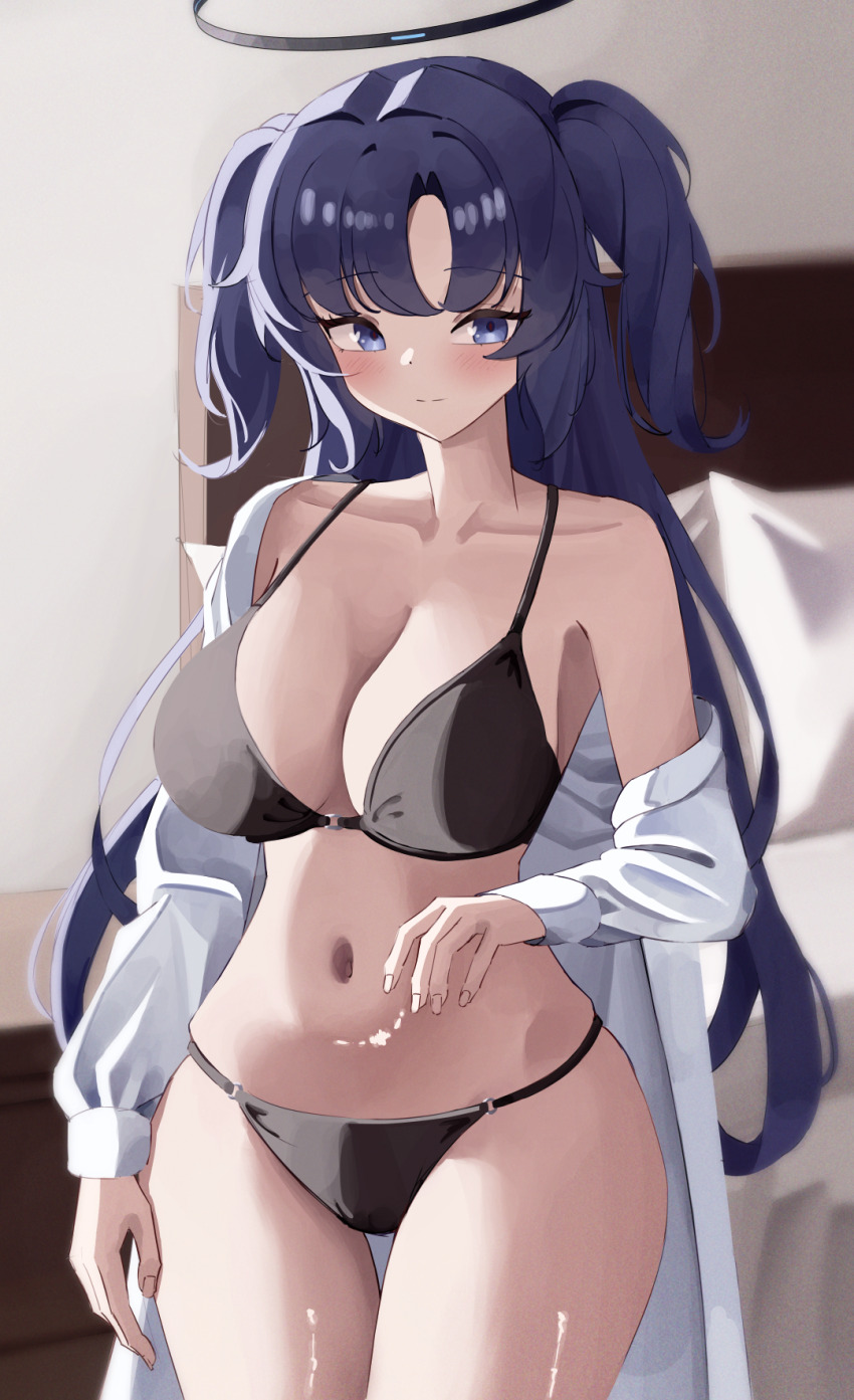 1girl alternate_costume bed bikini black_bikini black_robe blue_archive blue_eyes blush breasts cleavage collarbone commentary cowboy_shot fingernails halo highres indoors large_breasts long_hair looking_at_viewer navel purple_hair robe solo stellated_icosahedron stomach swimsuit thigh_gap two_side_up very_long_hair yuuka_(blue_archive)