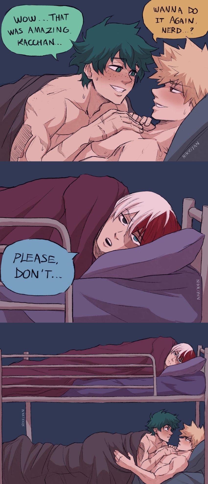 3boys absurdres aftersex annoyed bakudeku bakugou_katsuki bed blonde_hair boku_no_hero_academia bones_(company) bored bunk_bed clueless comic english_text forced_to_listen forced_to_watch freckles green_hair highres ignored listening lying_on_person male_focus meme midoriya_izuku multicolored_hair multiple_boys muscular no_visible_genitalia on_top_of_another overhearing_sex pantsuyan scar shounen_jump shouto_todoroki spiked_hair todoroki_shouto trying_to_sleep two-tone_hair unamused under_covers unhappy_male witness yaoi