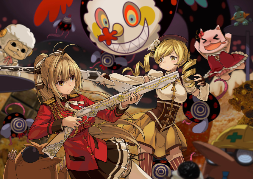 &gt;_&lt; 10s 2girls absurdres amagi_brilliant_park antenna_hair beret blonde_hair blurry bow breasts brown_bow brown_eyes brown_hair charlotte_(madoka_magica) closed_eyes corset cosplay cross cross_print crossover depth_of_field drill_hair fingerless_gloves frostcyco gen_3_pokemon gloves gun hair_bow hair_ornament hat helmet highres large_breasts long_hair macaron_(amaburi) magical_girl magical_musket mahou_shoujo_madoka_magica mahou_shoujo_madoka_magica_(anime) marshtomp monster multiple_girls musket naughty_face nintendo nonaka_ai pokemon ponytail pyotr_(madoka_magica) sakura_kyoko sakura_kyoko_(cosplay) sakura_kyoko_(magical_girl) saliva sento_isuzu shaded_face sharp_teeth skirt smiley_face striped_clothes striped_legwear striped_thighhighs teeth thighhighs tiramii tomoe_mami tomoe_mami_(magical_girl) twin_drills twintails underbust vertical-striped_clothes vertical-striped_legwear vertical-striped_thighhighs voice_actor_connection weapon yellow_eyes
