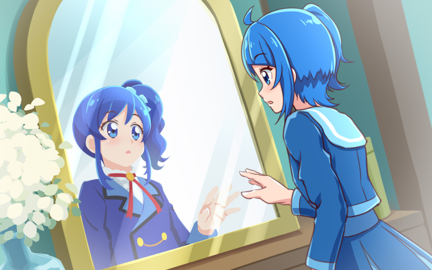 2girls aikatsu! aikatsu!_(series) blazer blue_hair blue_jacket blue_sailor_collar blue_scrunchie blue_shirt blue_skirt commentary crossover cut_bangs dress_shirt hair_ornament hair_scrunchie hirogaru_sky!_precure jacket kiriya_aoi long_sleeves looking_at_another medium_hair mirror multiple_girls neck_ribbon open_mouth pleated_skirt precure red_ribbon reflection ribbon rin_takanashi_glacies sailor_collar school_uniform scrunchie shirt side_ponytail sidelocks single_sidelock skirt sorashido_academy_school_uniform white_shirt