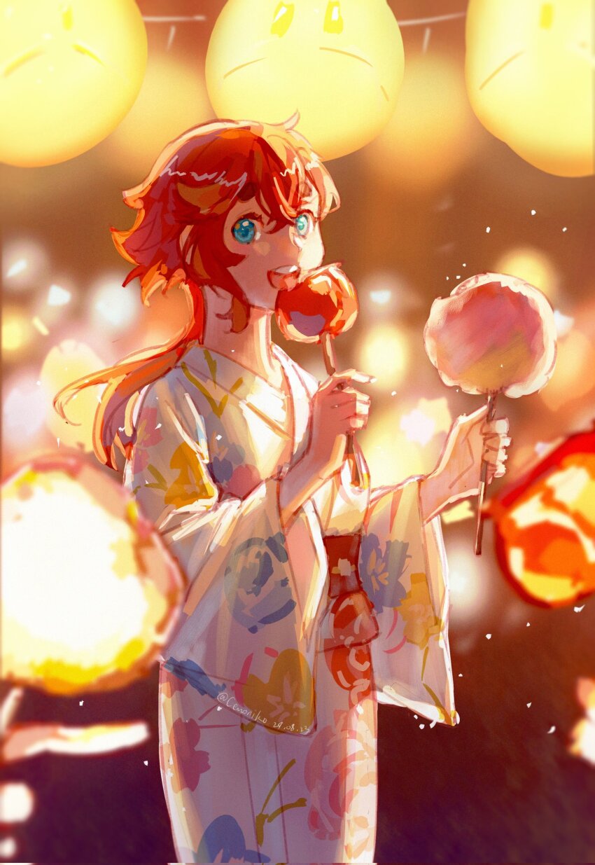 1girl blue_eyes candy_apple cemony commentary_request cotton_candy dated floral_print food gundam gundam_suisei_no_majo highres holding holding_cotton_candy holding_food japanese_clothes kimono lantern light_particles long_hair long_sleeves obi open_mouth outdoors paper_lantern pov pov_hands print_kimono red_hair sash smile solo_focus suletta_mercury thick_eyebrows twitter_username white_kimono