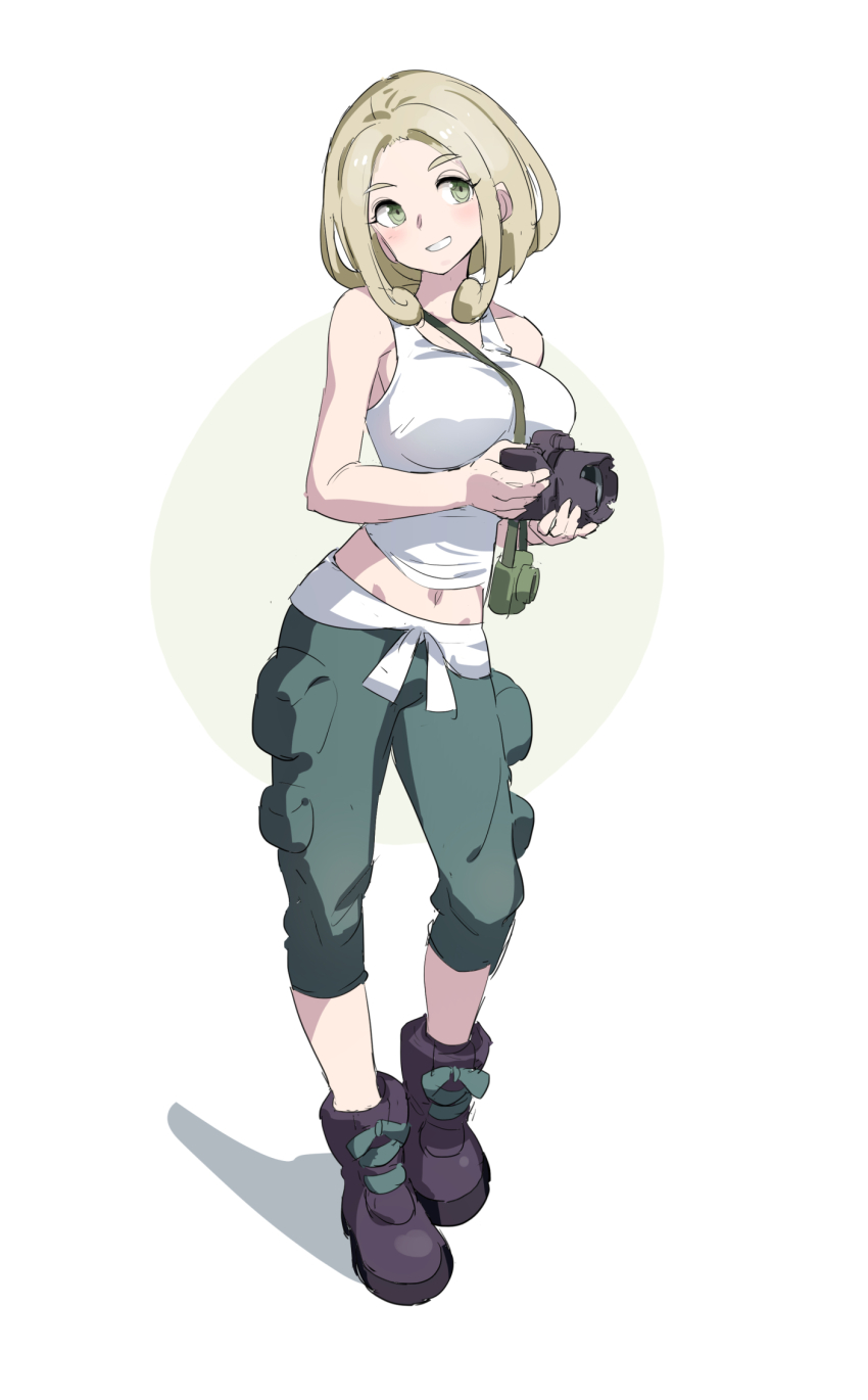 1girl breasts camera full_body game_freak green_pants highres holding holding_camera huanxiang_huifeng large_breasts nintendo pants pokemon pokemon_xy short_hair solo viola_(pokemon)