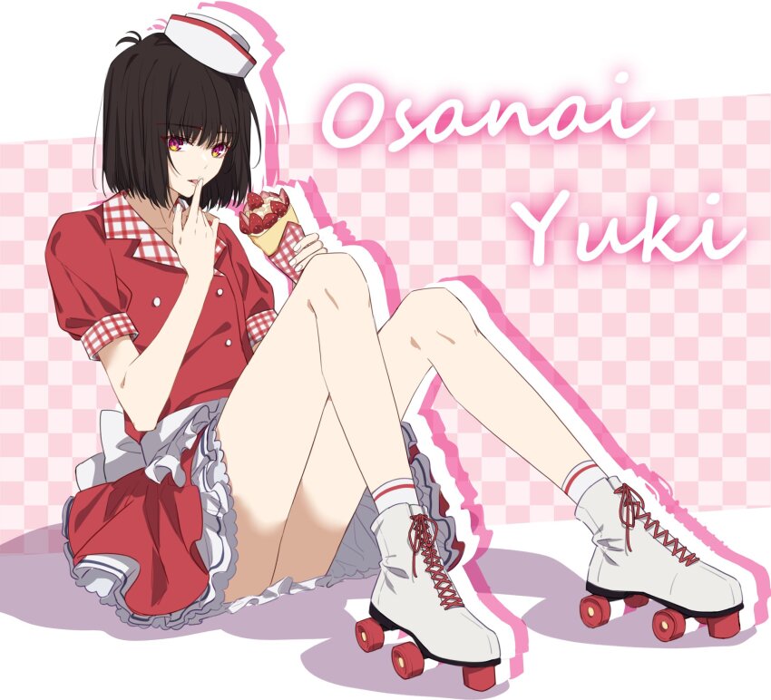 1girl antenna_hair black_hair bob_cut chikong_ice collarbone collared_shirt dress fingernails food frilled_dress frills full_body highres knees_up licking licking_finger looking_at_viewer osanai_yuki parfait plaid_clothes red_dress red_eyes roller_skates shirt shoes short_hair shoushimin_series simple_background sitting skates skirt solo tongue white_shoes