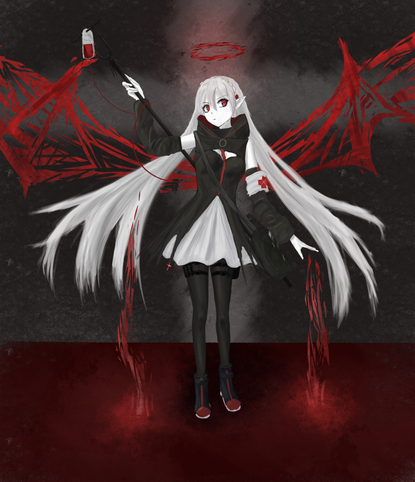 1girl absurdres arknights arm_up armband bag black_bag black_boots black_dress black_pantyhose black_sleeves blood blood_bag blood_drip blood_halo blood_wings boots braid breasts closed_mouth colored_skin commentary cross cross_hair_ornament cross_ornament crown_braid detached_sleeves dress elite_ii_(arknights) eyeliner frown full_body grey_background hair_between_eyes hair_ornament halo head_tilt highres holding holding_behind_back holding_staff holding_weapon holding_weapon_behind_back holster hood hood_down hooded_dress iv_stand liquid_halo long_bangs long_hair long_sleeves looking_at_viewer makeup originium_arts_(arknights) pale_skin pantyhose pointy_ears pouch red_cross red_eyes short_dress shoulder_bag slit_pupils small_breasts solo staff standing thefatum thigh_holster thigh_strap vampire very_long_hair warfarin_(arknights) weapon white_dress white_hair white_skin wings