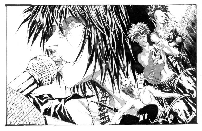 4boys absurdres bald bandana bandana_over_mouth character_request commentary drum drum_set english_commentary fishnets guitar highres holding holding_guitar holding_instrument instrument jewelry male_focus medium_hair microphone mohawk multiple_boys music necklace open_mouth pants playing_instrument sho-u_tajima to-y topless_male traditional_media