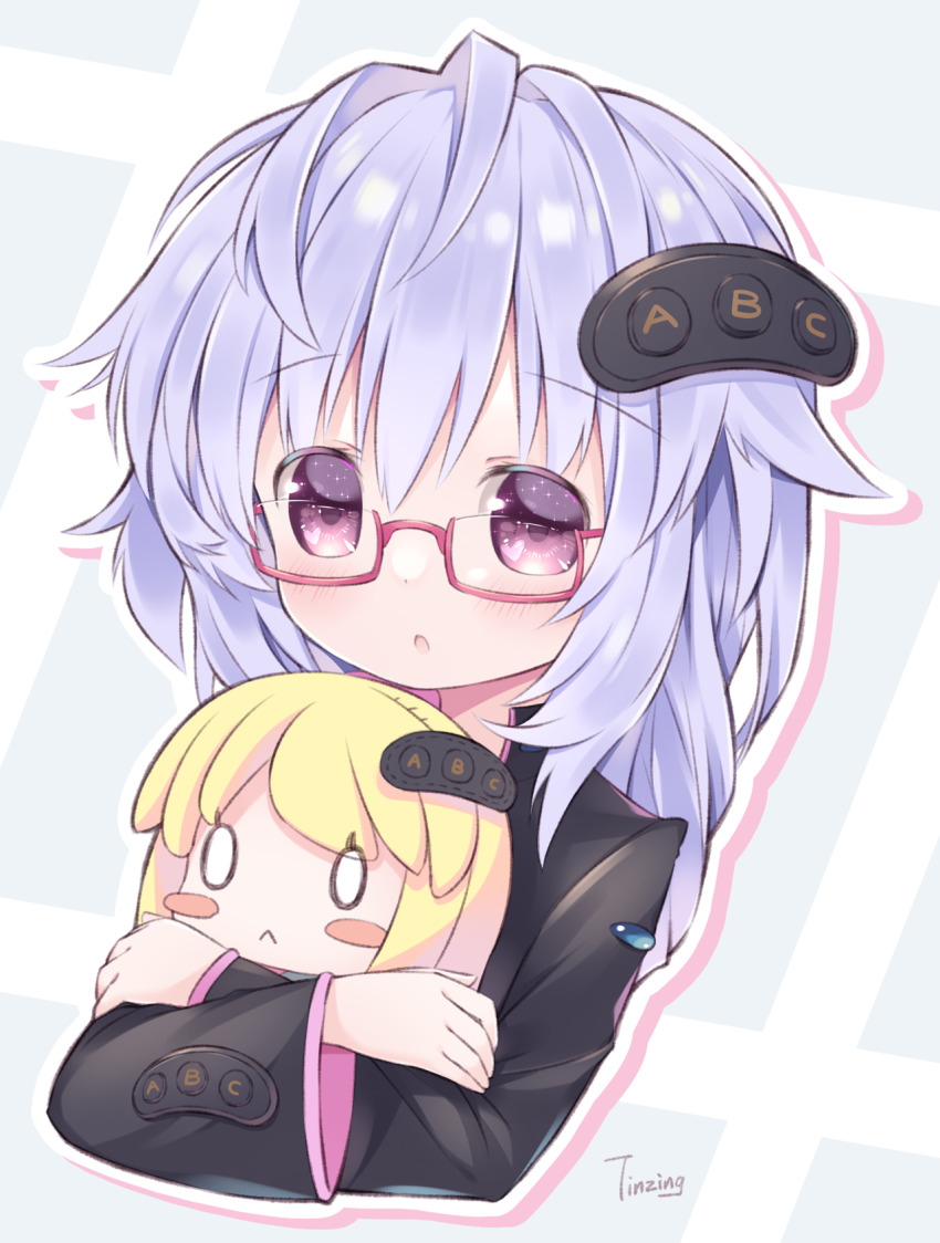 blonde_hair braid collar game_console glasses hair_ornament hairclip highres jacket long_hair neptune_(series) open_mouth pink_eyes purple_hair pururut raised_eyebrows sega_hard_girls sega_mega_drive sega_mega_drive_(sega_hard_girls) stuffed_toy tinzing
