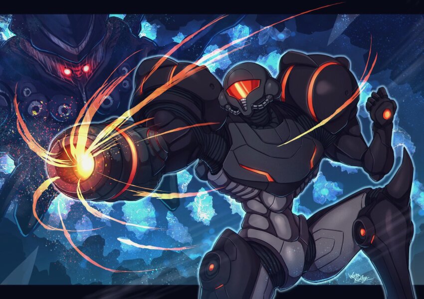 1girl aiming arm_cannon armor assault_visor energy full_armor glowing helmet highres knee_spikes metroid metroid_(creature) metroid_prime metroid_prime_(creature) metroid_prime_1 neon_trim nintendo pauldrons phazon_suit power_armor power_suit_(metroid) red_visor samus_aran science_fiction shoulder_armor wakaba_(wata_ridley) weapon