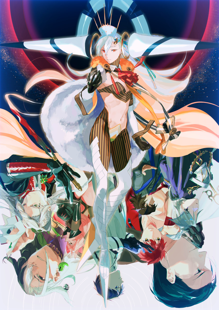 2girls 6+boys abs absurdres ahoge alessandro_di_cagliostro_(fate) animal_ear_fluff animal_ears argyle_clothes ascot ashiya_douman_(fate) asymmetrical_hair bell black_bodysuit black_eyes black_gloves black_hair blue_eyes bodysuit bow braid breasts brown_hair cape cassock chaldea_uniform clerical_collar cloak collared_shirt curly_hair earrings emiya_shirou eyewear_strap facial_mark fate/grand_order fate_(series) formal_clothes fox_ears fox_girl fox_tail fujimaru_ritsuka_(male) fujimaru_ritsuka_(male)_(decisive_battle_chaldea_uniform) fur-trimmed_cape fur-trimmed_cloak fur_trim glasses gloves green_eyes green_kimono grey-framed_eyewear grey_cape grey_hair hair_bell hair_between_eyes hair_intakes hair_ornament hair_slicked_back highres hip_vent holding holding_unworn_cape holding_unworn_clothes hood hooded_cape horns hrkt_(fructo) huge_horns igote jacket james_moriarty_(ruler)_(fate) japanese_clothes jewelry kimono kotomine_kirei koyanskaya_(assassin)_(first_ascension)_(fate) koyanskaya_(fate) long_braid long_hair long_horns long_sleeves looking_at_viewer magatama magatama_earrings multicolored_hair multiple_boys multiple_girls navel olga_marie_animusphere onmyouji orange_eyes pink_bow pink_hair priest rasputin_(fate) red_ascot red_hair ribbed_sleeves senji_muramasa_(fate) sherlock_holmes_(fate) shikigami shirt short_hair side_braid single_bare_shoulder single_horn smile split-color_hair stole striped_bodysuit suit sword tail tamamo_(fate) toned toned_male topless_male two-tone_hair u-olga_marie unworn_cape weapon white_cape white_hair white_jacket wristband yellow_eyes yellow_horns