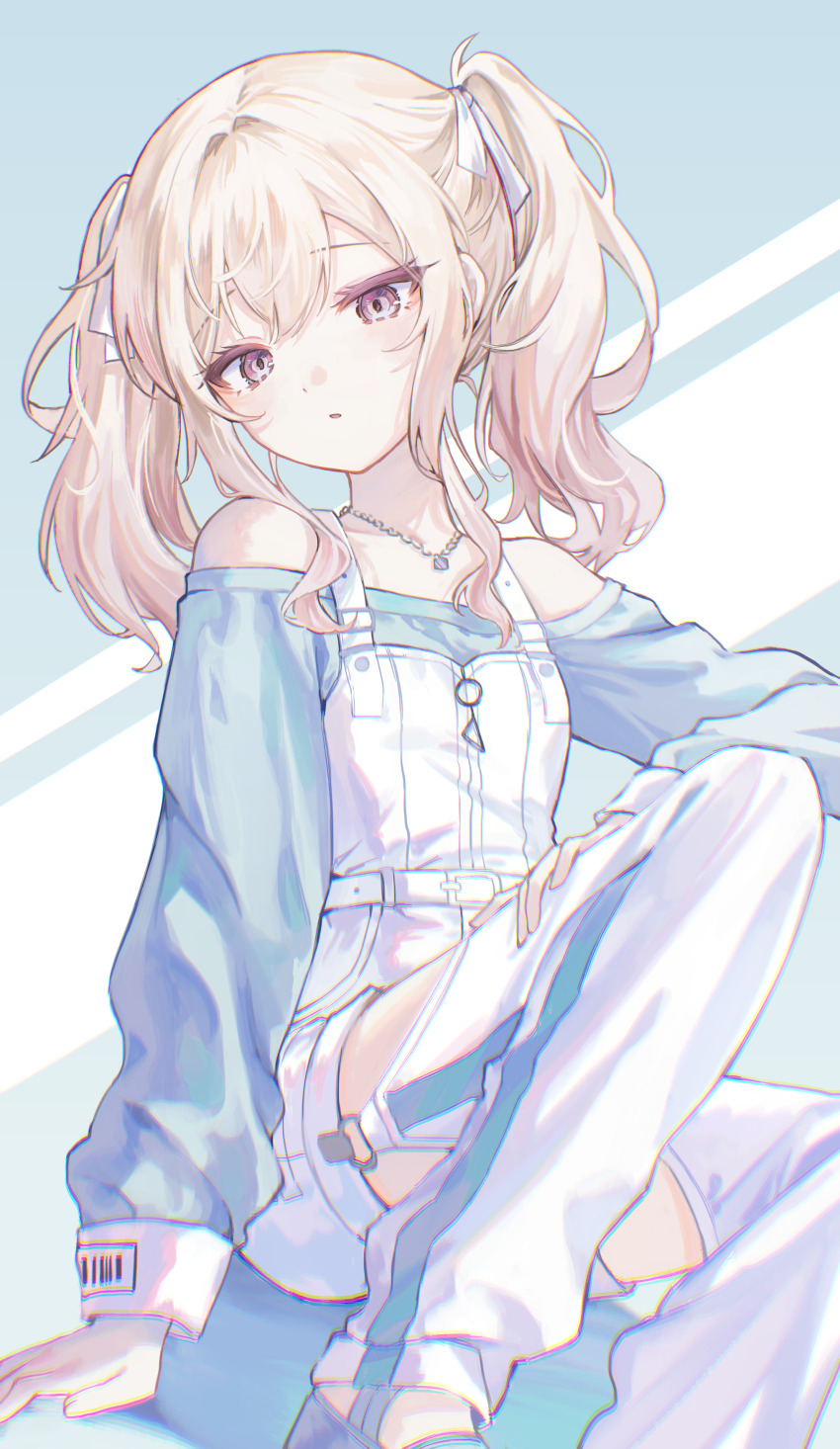 1girl absurdres arm_support bare_shoulders belt belt_buckle blonde_hair blouse blue_shirt breasts buckle chromatic_aberration commentary controller detached_pants eyelashes feet_out_of_frame gradient_hair hair_between_eyes hair_intakes hair_ribbon hand_on_own_thigh hands_up head_tilt highres holding iblos1202 jewelry knees_up light_blush long_sidelocks long_sleeves looking_at_viewer medium_hair multicolored_hair off-shoulder_shirt off_shoulder official_alternate_costume overall_shorts overalls parted_lips pendant pink_eyes pink_hair project_sekai ribbon shirt sidelocks sitting small_breasts solo tenma_saki this_moment_with_you!_(project_sekai) twintails white_overalls white_ribbon