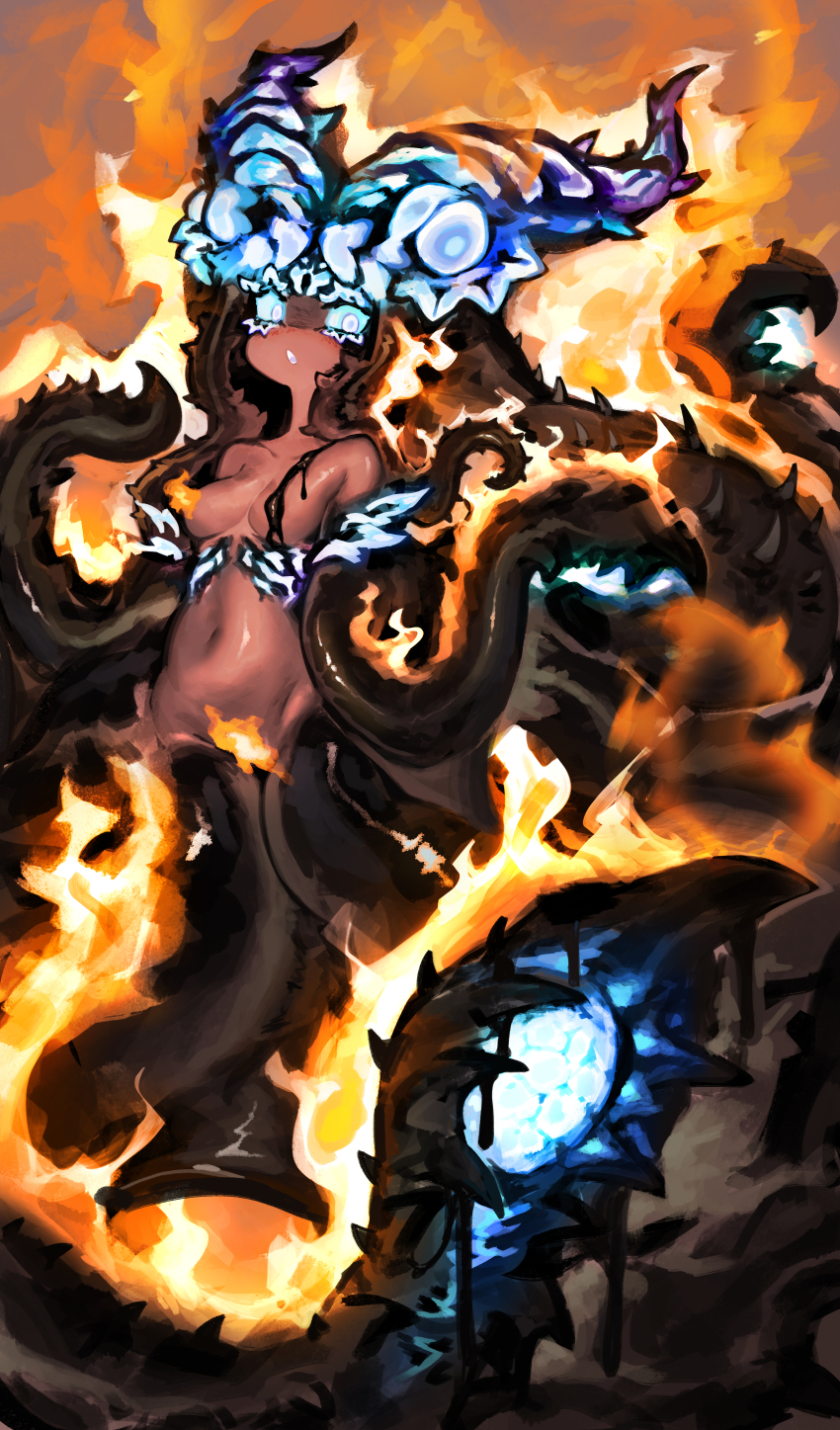 1girl :o absurdres annoyed aqua_skin bare_shoulders black_skin breasts cleavage colored_skin convenient_censoring dark-skinned_female dark_skin extra_eyes fire glowing glowing_eyes glowing_sclera glowing_skin groin highres leaning leaning_back long_hair looking_at_viewer monster_girl monster_hunter_(series) monster_hunter_wilds navel nu_udra parted_lips personification scylla slime_(substance) sora_sakura stomach tentacle_arm tentacle_hair tentacles underboob