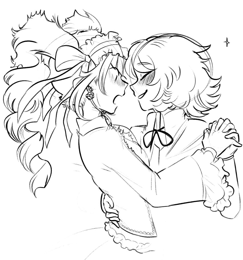 1boy 1girl :o blush celestia_ludenberg danganronpa:_trigger_happy_havoc danganronpa_(series) earrings frilled_jacket frills fujisaki_chihiro greyscale highres holding_hands jacket jewelry long_sleeves monochrome neck_ribbon profile ribbon short_hair smile surprised twinklelitchii twintails