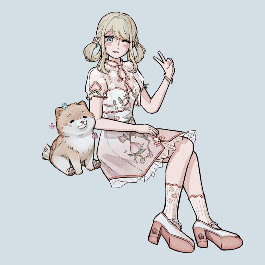1girl ankle_socks beads blonde_hair blue_background blue_eyes blue_flower bracelet clothing_cutout collared_jacket commentary dog dress english_commentary eyelashes floof_(infinity_nikki) floral_print flower food_print frilled_dress frilled_sleeves frills fruit_print full_body gradient_clothes gradient_dress hair_flower hair_ornament hair_rings hand_on_lap happy high_heels highres infinity_nikki invisible_chair jacket jewelry long_hair nikki_(series) nxnjakat one_eye_closed peach_print peachy_bond_(infinity_nikki) pink_dress pink_flower pink_shoes puffy_short_sleeves puffy_sleeves see-through_clothes see-through_jacket shoes short_sleeves shoulder_cutout sidelocks simple_background sitting socks striped_clothes striped_socks two-tone_footwear v vertical-striped_clothes vertical-striped_socks white_dress white_footwear white_jacket white_socks