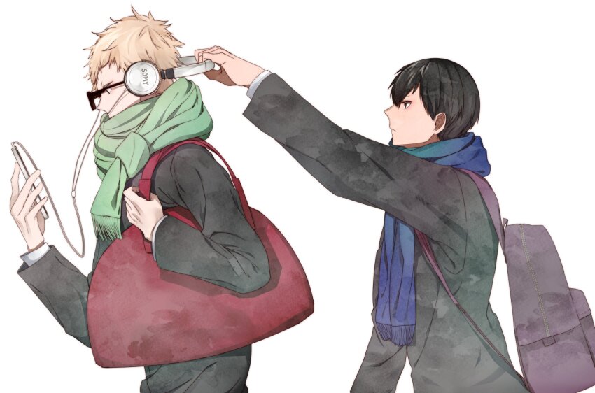 2boys backpack bag black_hair blonde_hair blue_scarf cellphone closed_mouth colorful_ichigo from_side glasses green_scarf haikyuu!! headphones highres holding holding_headphones holding_phone jacket kageyama_tobio long_sleeves looking_at_phone male_focus multiple_boys phone profile scarf short_hair shoulder_bag simple_background smartphone tsukishima_kei upper_body white_background