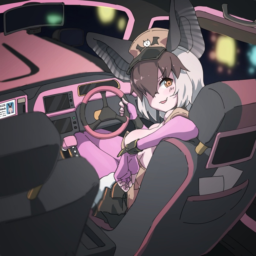 1girl animal_ears bat_ears bat_girl brown_eyes brown_hair brown_long-eared_bat_(kemono_friends) elbow_gloves extra_ears fingerless_gloves gloves grey_hair hair_over_one_eye hat highres kemono_friends kemono_friends_v_project leotard long_hair looking_at_viewer looking_back lowlandgorilla pantyhose skirt solo taxi virtual_youtuber