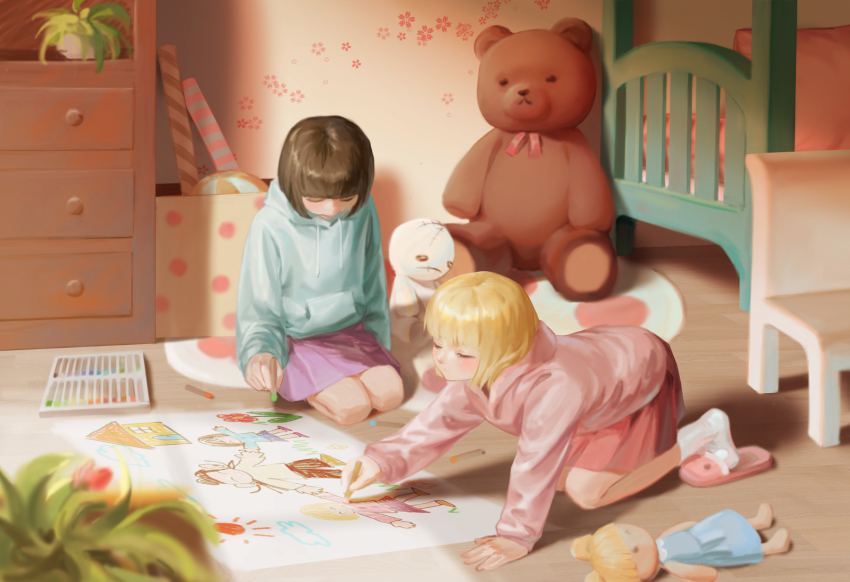 2girls aged_down black_hair blonde_hair blue_hoodie blush bob_cut box chair child child&#039;s_drawing closed_eyes drawer drawing floral_print getou_suguru hejia_abby highres holding holding_hands hood hoodie indoors jujutsu_kaisen long_sleeves looking_down mimiko_(jujutsu_kaisen) multiple_girls nanako_(jujutsu_kaisen) on_floor pastels pink_hoodie plant potted_plant rug short_hair siblings sisters sitting skirt slice_of_life slippers smile stuffed_animal stuffed_toy sunlight teddy_bear wide_shot