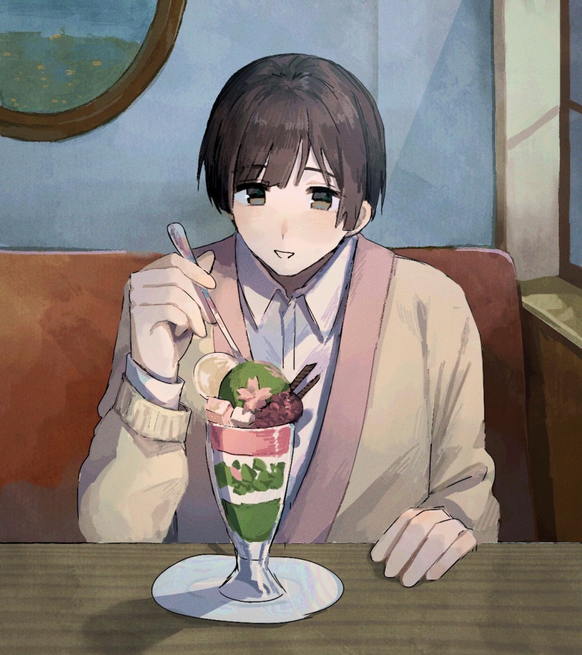 1boy alternate_costume axis_powers_hetalia brown_eyes brown_hair cafe collared_shirt commentary_request couch food glass hand_up highres himoon666 holding holding_spoon ice_cream indoors jacket japan_(hetalia) long_sleeves looking_at_food looking_down male_focus marshmallow on_couch open_clothes open_jacket picture_frame puffy_long_sleeves puffy_sleeves shadow shirt short_hair sitting smile solo spoon sundae sunlight table teeth waffle white_shirt window yellow_jacket