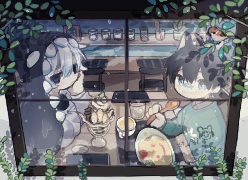 2boys aqua_sweater bandaid bandaid_on_face bandaid_on_nose bird black_eyes black_hair collared_shirt commentary_request cotono_(nazekun) fang food holding holding_spoon hood hood_up long_sleeves looking_outside male_focus multiple_boys neko-kun_(cotono_(nazekun)) omelet omurice open_mouth original parfait plant shirt short_hair smile sparrow spoon sweater table white_hair white_shirt window wooden_spoon